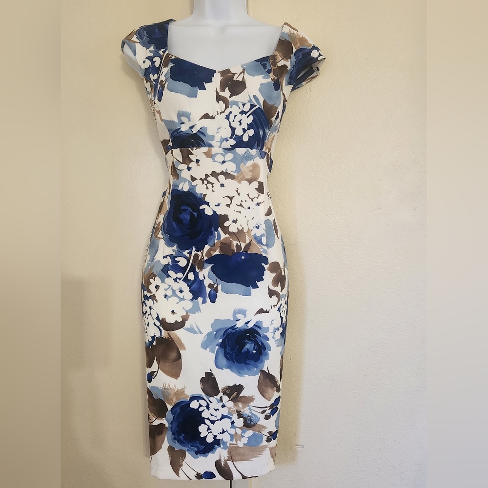 Connected Apparel Blue and Brown Floral Midi Dress Sz 12 - Picture 2 of 8